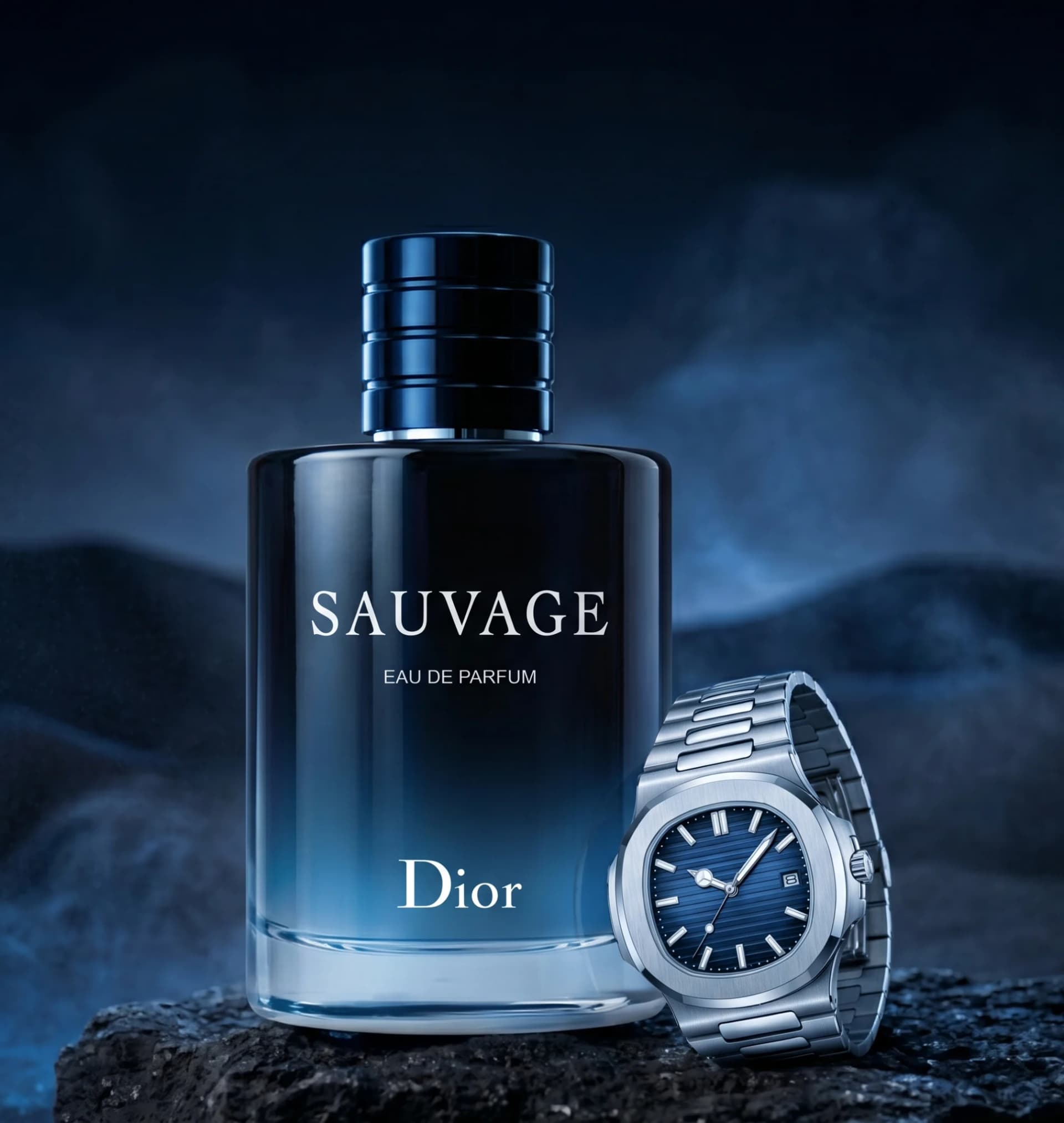 Dior Sauvage fragrance bottle beside the free gold Patek Style dress watch