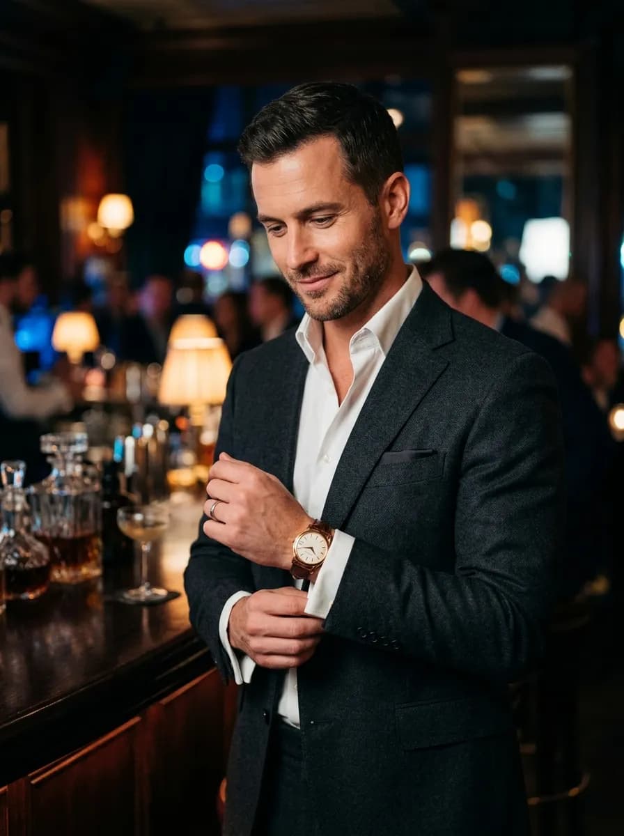 Confident man in a suit adjusting his gold dress watch at a cocktail bar